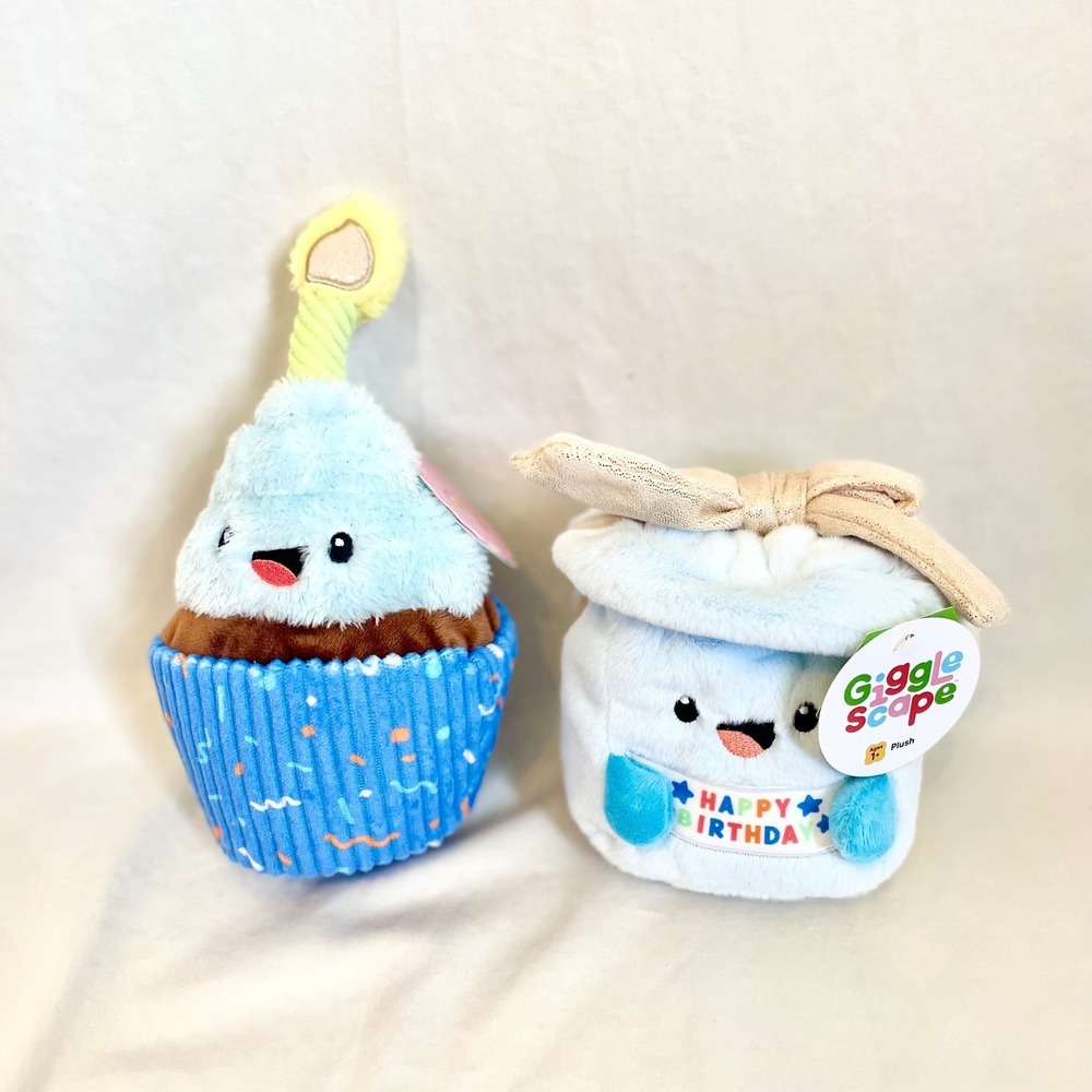 Gigglescape Birthday Plush Set 8in Blue Cupcake and 6in Gift Box Stuffed Animals